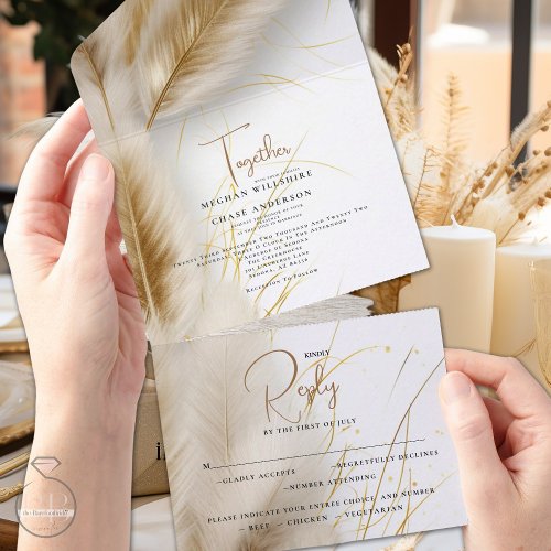 Elegant Boho Ivory and Gold Pampas All In One Invitation