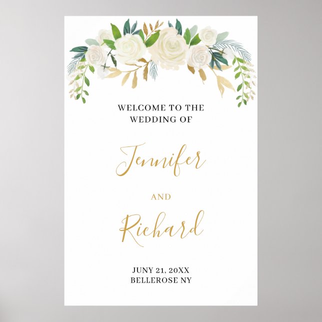 Elegant boho ivory floral gold wedding welcome poster (Front)
