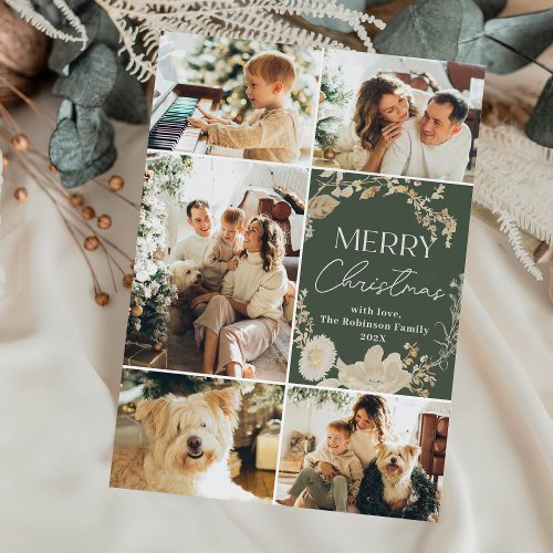 Elegant Boho Ivory Floral Wreath Photo Christmas  Holiday Card