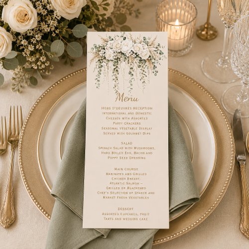 Elegant Boho Ivory Roses Pearls Wedding | Menu
