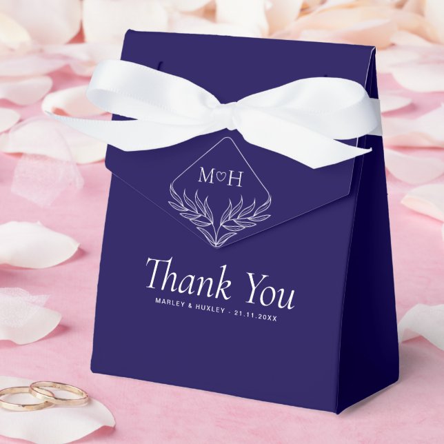 Elegant Boho Leaf Monogram Dark Blue Wedding Gift Favor Boxes (Wedding)