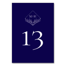 Elegant Boho Leaf Monogram Dark Blue Wedding