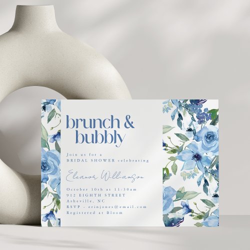Elegant Boho Light Blue Watercolor Brunch Bubbly Invitation