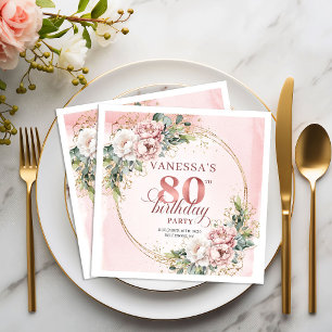 Elegant Boho Light Pink Floral 80th Birthday Party Napkins
