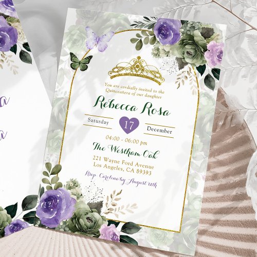 Elegant Boho Lilac Purple Sage Green Quinceaera Invitation