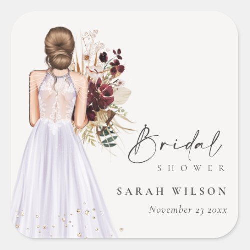Elegant Boho Lilac Wedding Gown Bridal Shower Square Sticker