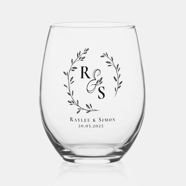 Elegant Boho Line Art Floral Wreath Monogrammed  Stemless Wine Glass (Front)