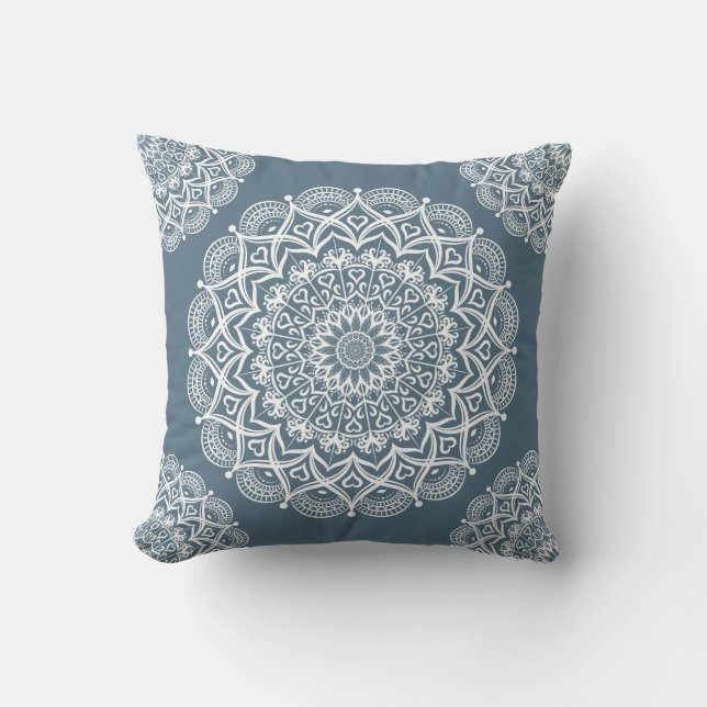 Elegant Boho Mandala Blue Gray White Throw Pillow (Front)