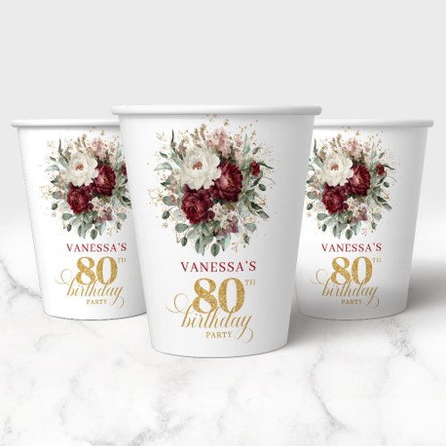 Elegant Boho Marsala 80th Birthday Paper Cups
