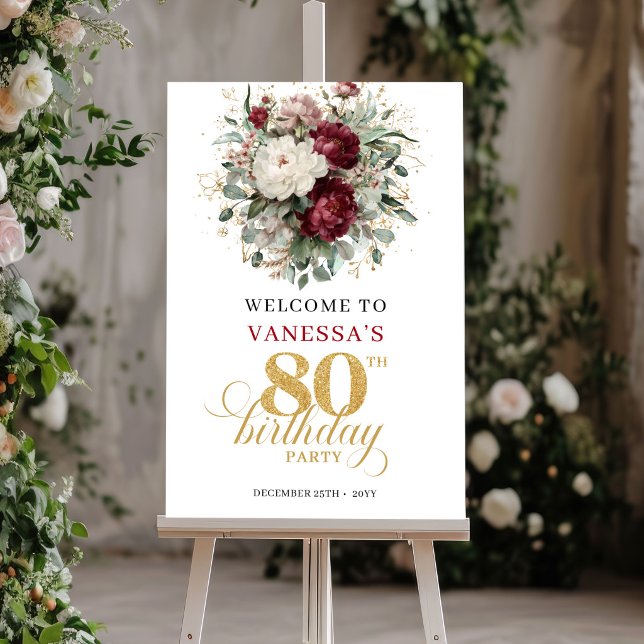 Elegant Boho Marsala 80th Birthday Welcome Sign (Elegant Boho Marsala 80th Birthday Welcome Sign)