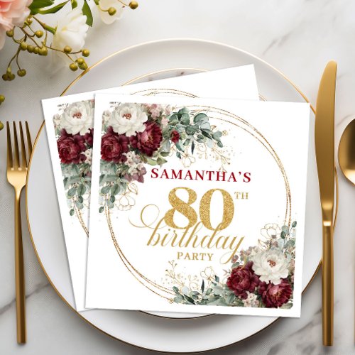 Elegant Boho Marsala Floral 80th Birthday Napkins