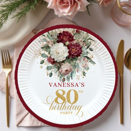 Elegant Boho Marsala Floral 80th Birthday Paper   Plates