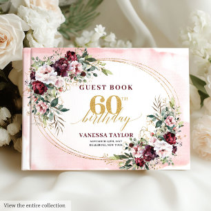 Elegant Boho Merlot Gold Roses 60th Birthday Chic Guest Book