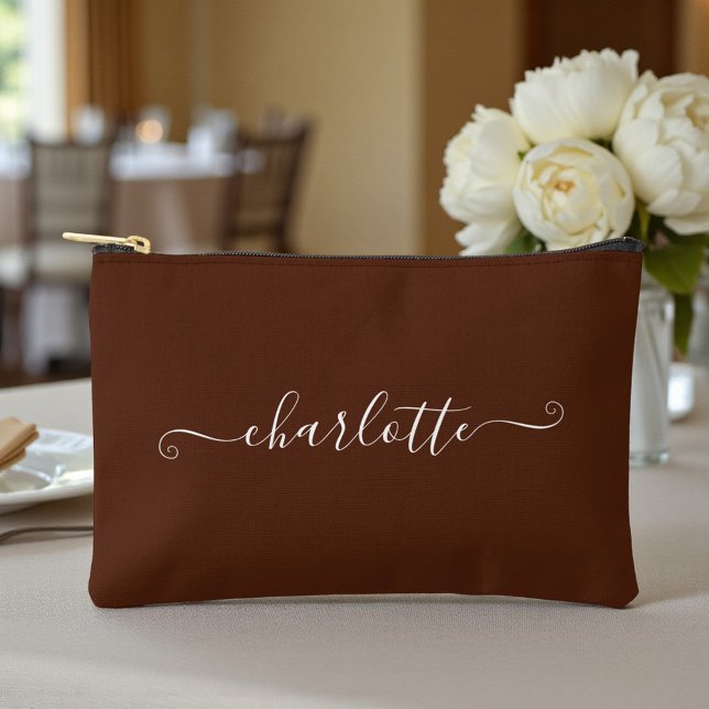 Elegant Boho Minimalist Bridesmaid Name | Brown Accessory Pouch (Creator Uploaded)