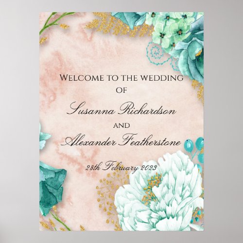Elegant Boho Mint Floral and Pink Marble Welcome Poster