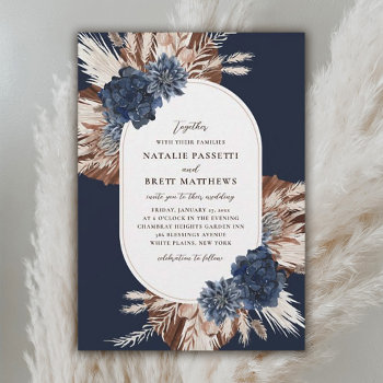 Elegant Boho Navy And Brown Florals Oval Wedding  Invitation by Orabella at Zazzle
