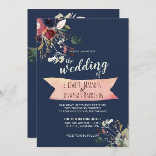 Elegant Boho Navy Blue Burgundy Floral Wedding Invitation