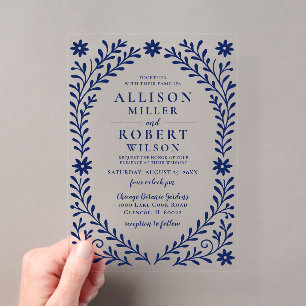 Elegant Boho Navy Floral Wedding Acrylic Invitations