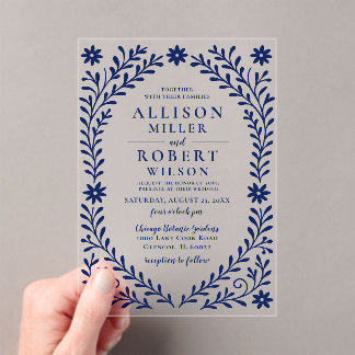 Elegant Boho Navy Floral Wedding Acrylic Invitations