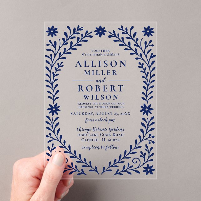 Elegant Boho Navy Floral Wedding Acrylic Invitations (Insitu (Handheld))