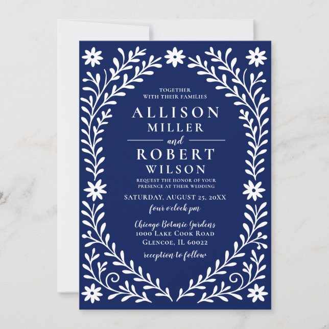 Elegant Boho Navy Floral Wedding Invitation (Front)