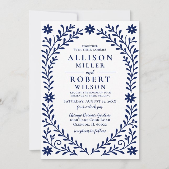 Elegant Boho Navy Floral Wedding Invitation (Front)