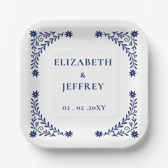 Elegant Boho Navy Floral Wedding  Paper Plates (Front)