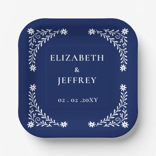 Elegant Boho Navy Floral Wedding  Paper Plates (Front)