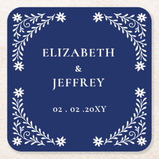 Elegant Boho Navy Floral Wedding  Square Paper Coaster