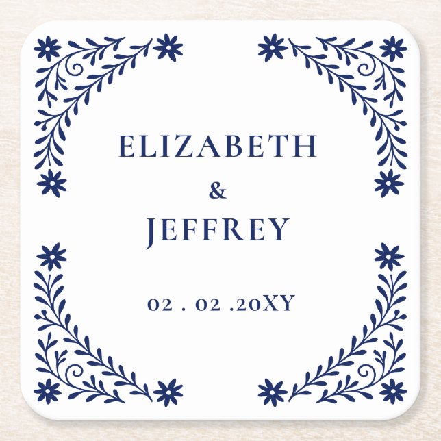 Elegant Boho Navy Floral Wedding  Square Paper Coaster (Front)