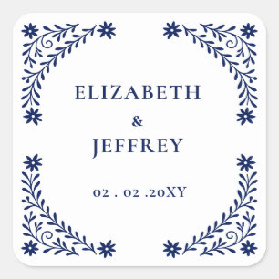Elegant Boho Navy Floral Wedding Square Sticker