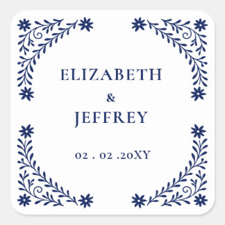 Elegant Boho Navy Floral Wedding Square Sticker