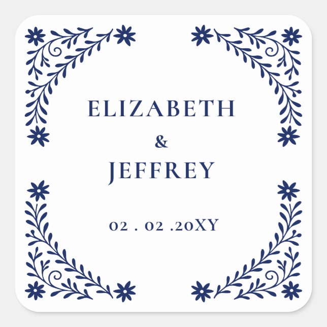 Elegant Boho Navy Floral Wedding  Square Sticker (Front)