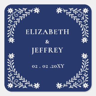 Elegant Boho Navy Floral Wedding Square Sticker