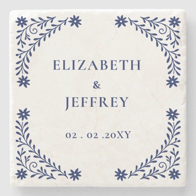 Elegant Boho Navy Floral Wedding  Stone Coaster (Front)