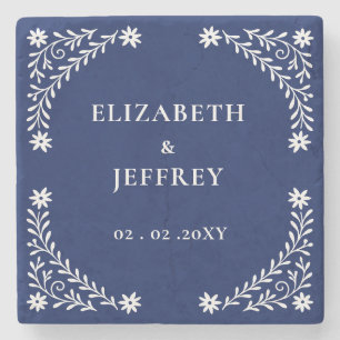 Elegant Boho Navy Floral Wedding Stone Coaster