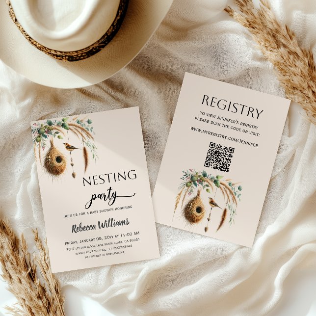 Elegant Boho Nesting Party Bird Baby Shower Invitation (Creator Uploaded)