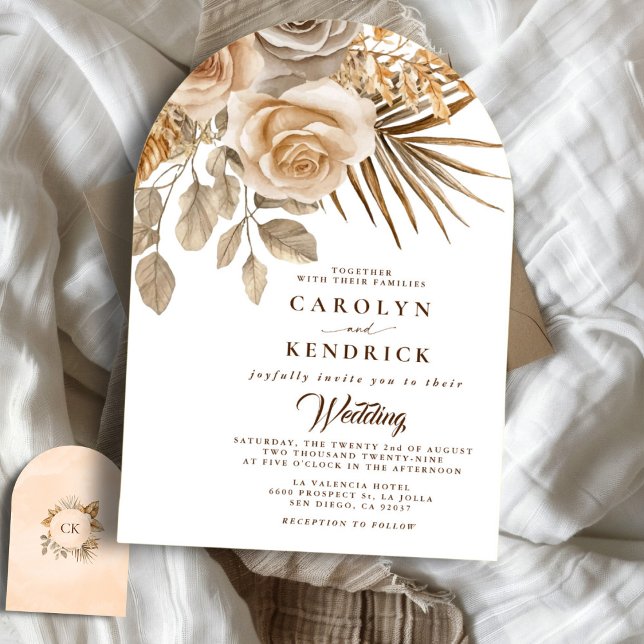 Elegant Boho Neutral Floral Accents Arch Wedding Invitation (Creator Uploaded)