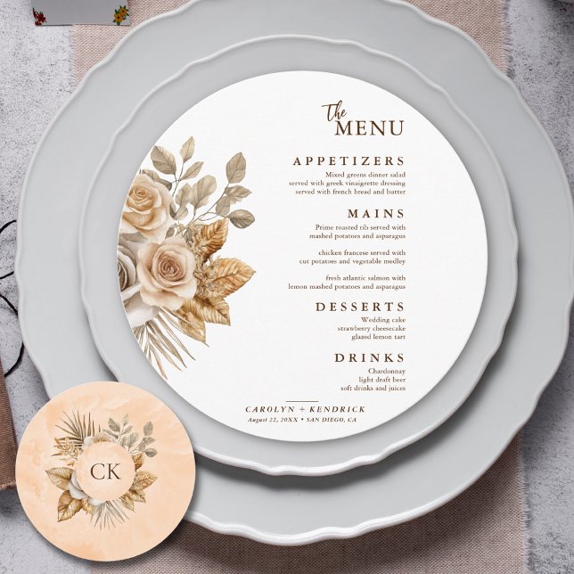 Elegant Boho Neutral Floral Accents Round Wedding Menu (Creator Uploaded)