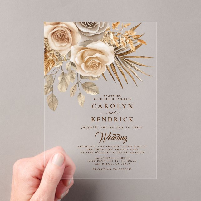 Elegant Boho Neutral Floral Accents Wedding Acrylic Invitations (Insitu (Handheld))