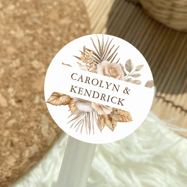 Elegant Boho Neutral Floral Accents Wedding Favor Classic Round Sticker (Creator Uploaded)