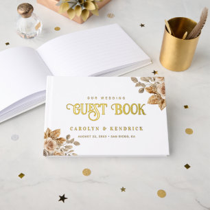 Elegant Boho Neutral Floral Accents Wedding Gold Foil Guest Book