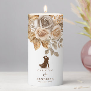 Elegant Boho Neutral Floral Accents Wedding Pillar Candle