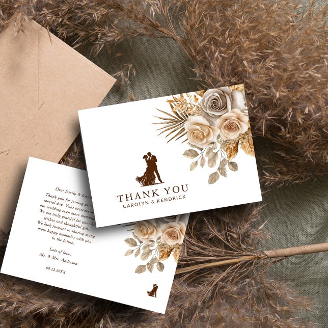 Elegant Boho Neutral Floral Accents Wedding Thank You Card (Creator Uploaded)