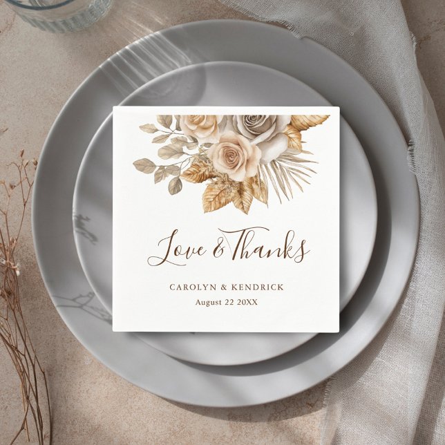 Elegant Boho Neutral Floral Love & Thanks Wedding Napkins (Creator Uploaded)
