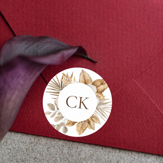 Elegant Boho Neutral Floral Monogram Wedding Favor Classic Round Sticker (Creator Uploaded)