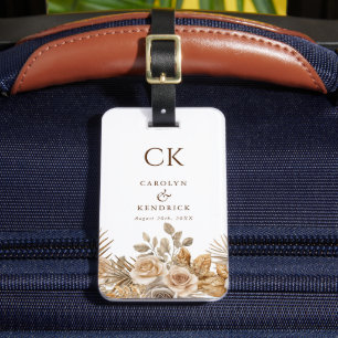 Elegant Boho Neutral Floral Monogram Wedding Luggage Tag