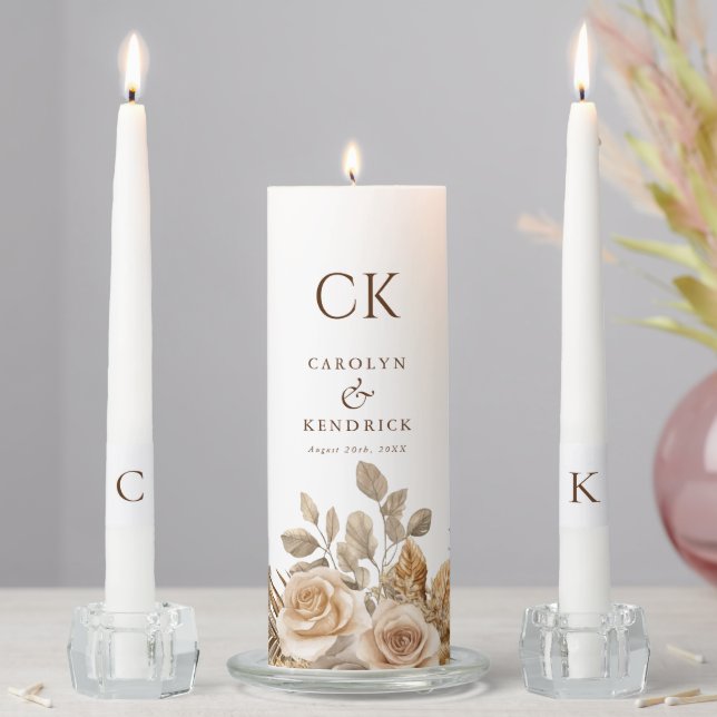 Elegant Boho Neutral Floral Monogram Wedding Unity Candle Set (In Situ)