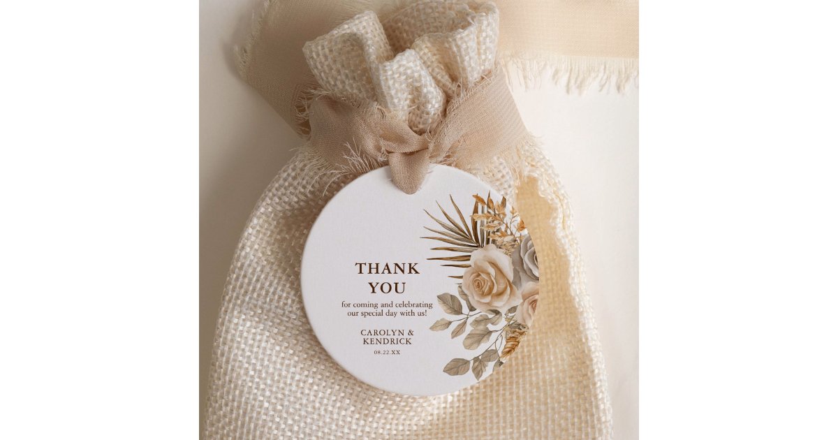 Elegant Boho Neutral Floral Wedding Thank you Favor Tags | Zazzle