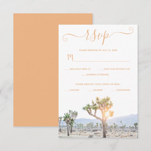 Elegant Boho Orange Custom Joshua Tree Wedding RSVP Card (Front/Back)